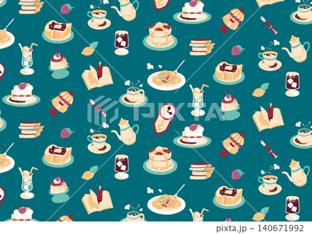 深緑のレトロ喫茶スイーツシームレスパターン背景 深緑のレトロ喫茶スイーツシームレスパターン背景 140671992