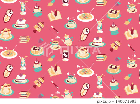 ピンクのレトロ喫茶スイーツシームレスパターン背景 ピンクのレトロ喫茶スイーツシームレスパターン背景 140671993