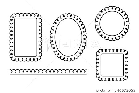 Vintage scallop border frames with frilly edges and ribbon loops. Decorative lace patterns for photo labels, stickers, tags. Retro wavy design in various shapes. Vintage scallop border frames with frilly edges and ribbon loops. Decorative lace patterns for photo labels, stickers, tags. Retro wavy design in various shapes. 140672055