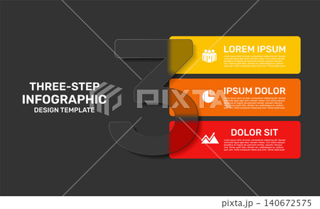 Three-step horizontal banner infographic template shaped around a large number 3 with placeholder text. Vector illustration. 140672575