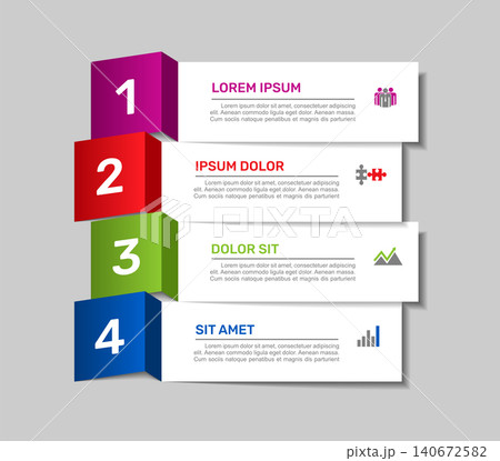 Four-step vertical banner infographic template with folded number tabs, placeholder text, business icons. Vector illustration. Four-step vertical banner infographic template with folded number tabs, placeholder text, business icons. Vector illustration. 140672582