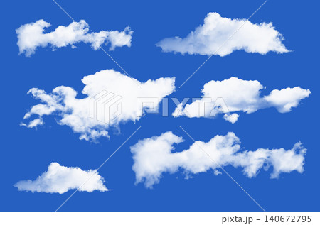 Collection of white fluffy clouds on a clear blue sky background, showcasing various shapes and sizes for use in design and illustration projects Collection of white fluffy clouds on a clear blue sky background, showcasing various shapes and sizes for use in design and illustration projects 140672795
