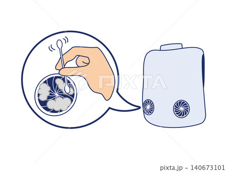 ファンベスト空調服にたまったほこりを綿棒で掃除するメンテナンスのイラスト（ファンの拡大図）ベクター 140673101