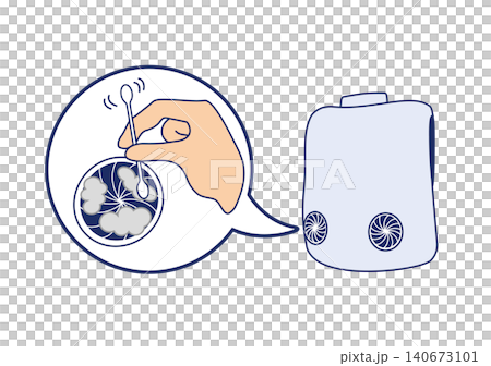 ファンベスト空調服にたまったほこりを綿棒で掃除するメンテナンスのイラスト（ファンの拡大図）ベクター 140673101