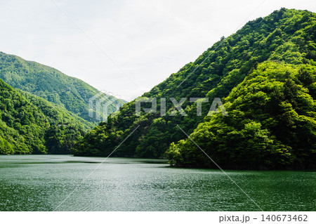 新緑の水殿ダムと美しいダム湖の風景 新緑の水殿ダムと美しいダム湖の風景 140673462