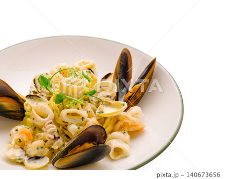 Seafood pasta plate with mussels, clams, shrimp, and squid Seafood pasta plate with mussels, clams, shrimp, and squid 140673656