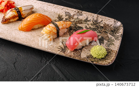 Nigiri sushi platter with salmon tuna shrimp and eel Nigiri sushi platter with salmon tuna shrimp and eel 140673712