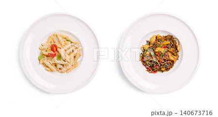 Italian penne pasta and asian soba noodles dishes Italian penne pasta and asian soba noodles dishes 140673716