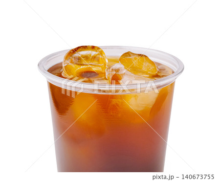 Iced coffee cold plastic cup with ice cubes Iced coffee cold plastic cup with ice cubes 140673755