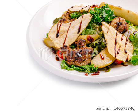 Warm foie gras salad with pears and balsamic glaze Warm foie gras salad with pears and balsamic glaze 140673846