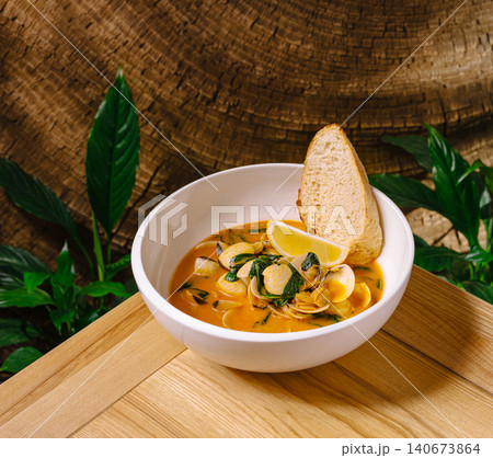 Clam soup serving with lemon and bread Clam soup serving with lemon and bread 140673864