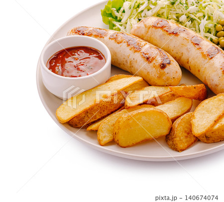 Grilled sausages with potato wedges, sauce, and fresh salad Grilled sausages with potato wedges, sauce, and fresh salad 140674074