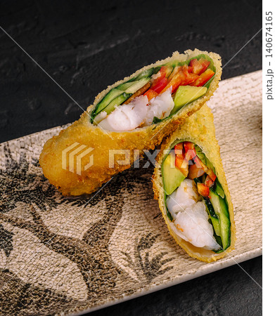 Tempura sushi rolls serving on ceramic plate Tempura sushi rolls serving on ceramic plate 140674165