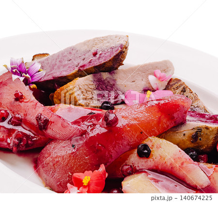 Gourmet duck breast slices with poached pears and berry sauce Gourmet duck breast slices with poached pears and berry sauce 140674225