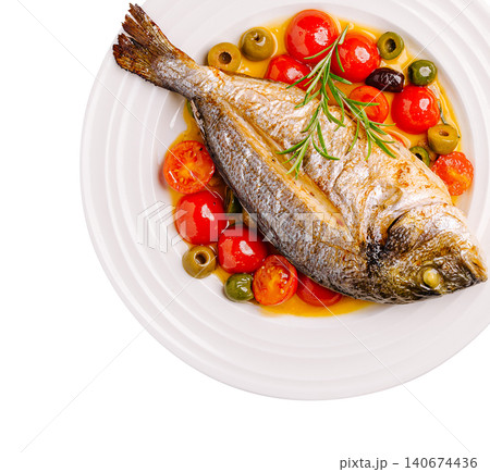 Grilled whole sea bream with mediterranean vegetables 140674436