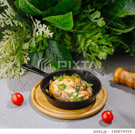 Frittata in cast iron skillet with cherry tomatoes and greens 140674459