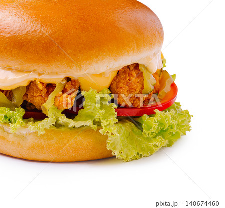 Crispy chicken burger with fresh vegetables and cheese 140674460