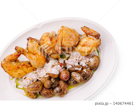 Roasted chicken pieces with baked potatoes and sauce Roasted chicken pieces with baked potatoes and sauce 140674461