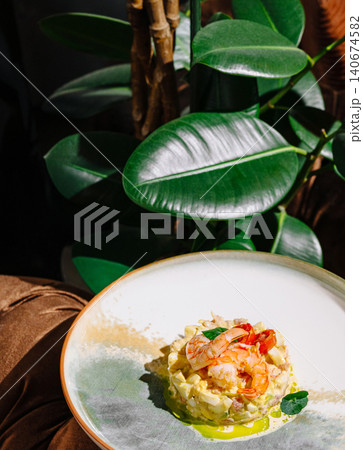 Gourmet shrimp tartare seafood appetizer with vibrant plating Gourmet shrimp tartare seafood appetizer with vibrant plating 140674582