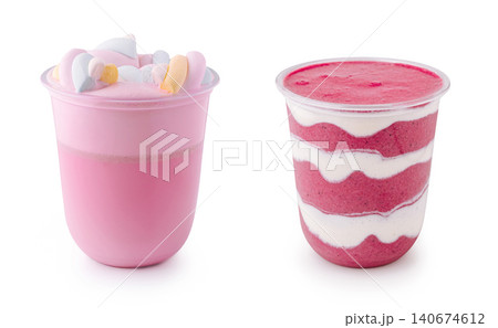 Two pink berry drinks with marshmallows and mousse Two pink berry drinks with marshmallows and mousse 140674612