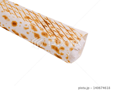 Shawarma wrap showcasing grilled tortilla on white 140674618