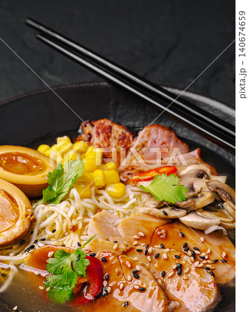 Authentic ramen soup with pork, egg, mushrooms, and corn 140674659
