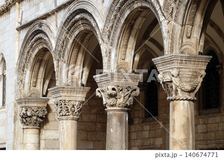 Columns and exterior of the Duke's Palace (Knezev dvor) in the Old Town of Dubrovnik, Croatia Columns and exterior of the Duke's Palace (Knezev dvor) in the Old Town of Dubrovnik, Croatia 140674771