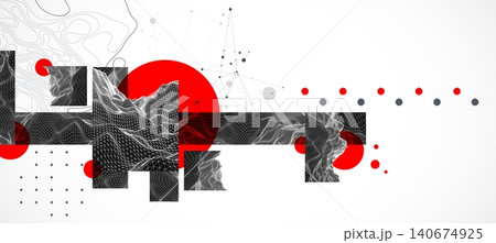Abstract wireframe graphic background with red circles black geometric shapes and wave lines. Vector 140674925
