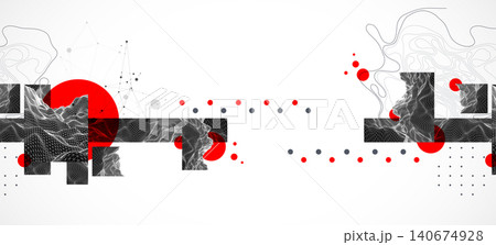 Abstract wireframe graphic background with red circles black geometric shapes and wave lines. Vector Abstract wireframe graphic background with red circles black geometric shapes and wave lines. Vector 140674928