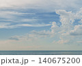 view of a calm sea on a hot afternoon, cumulus clouds in the sky, a poster concept for a seaside vacation advertisement, copy space for text 140675200