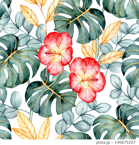 A pattern of colorful tropical flowers and leaves. X-ray of plants, watercolor seamless print. A pattern of colorful tropical flowers and leaves. X-ray of plants, watercolor seamless print. 140675207