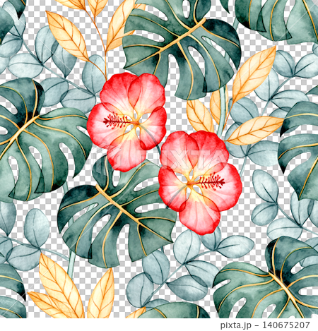 A pattern of colorful tropical flowers and leaves. X-ray of plants, watercolor seamless print. A pattern of colorful tropical flowers and leaves. X-ray of plants, watercolor seamless print. 140675207