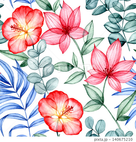 A pattern of colorful tropical flowers and leaves. X-ray of plants, watercolor seamless print. A pattern of colorful tropical flowers and leaves. X-ray of plants, watercolor seamless print. 140675210