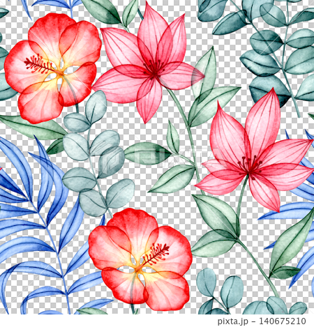 A pattern of colorful tropical flowers and leaves. X-ray of plants, watercolor seamless print. A pattern of colorful tropical flowers and leaves. X-ray of plants, watercolor seamless print. 140675210