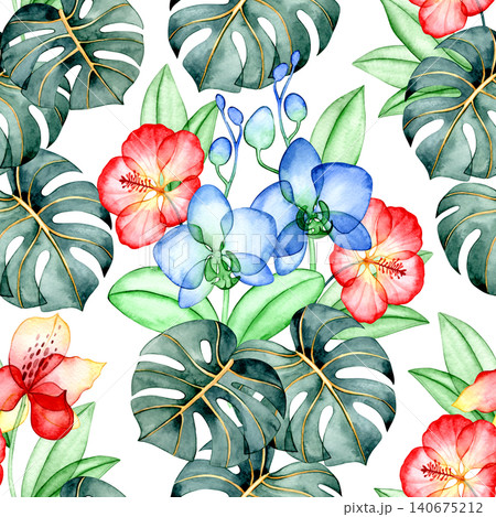 A pattern of colorful tropical flowers and leaves. X-ray of plants, watercolor seamless print. A pattern of colorful tropical flowers and leaves. X-ray of plants, watercolor seamless print. 140675212