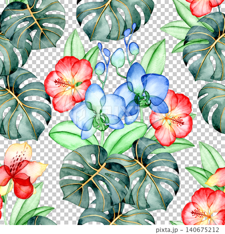 A pattern of colorful tropical flowers and leaves. X-ray of plants, watercolor seamless print. A pattern of colorful tropical flowers and leaves. X-ray of plants, watercolor seamless print. 140675212