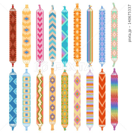 Braided ethnic bracelets. Different colorful bracelet from threads or beads. Friendship hippie accessories. Children workshop handmade jewelry, sapid vector set 140675337