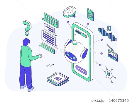 Isometric line chat bot concept. Modern personal assistant, consulting, time manager, psychologist. Ai technologies for communicated, nifty vector concept 140675340