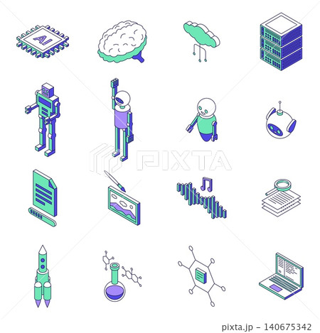 Isometric line artificial intelligence. Androids, cards, cloud servers. Development ai technologies, tools and equipment, computer systems, nifty vector set 140675342