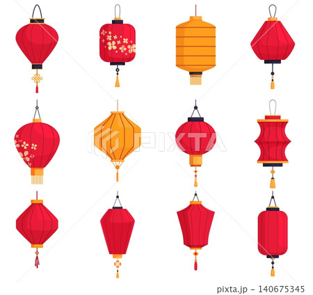 Cartoon chinese style lantern. Decorative asian style interior and street decorations. Traditional paper lamps, red and yellow lanterns, sapid vector set 140675345