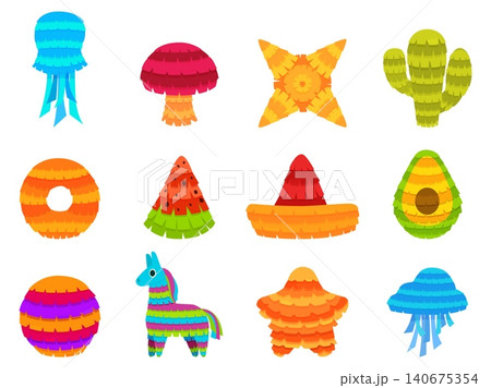 Cartoon mexican pinatas. Colorful pinata for children adult birthday party, seasonal festival. Giant paper toys, cactus, star, lama, avocado sapid vector set 140675354
