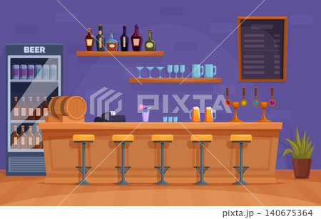 Wooden bar counter. Cartoon pub interior with stools for visitors, drinks fridge, cocktails and beer. Empty cafe with chalkboard, sapid vector scene Wooden bar counter. Cartoon pub interior with stools for visitors, drinks fridge, cocktails and beer. Empty cafe with chalkboard, sapid vector scene 140675364