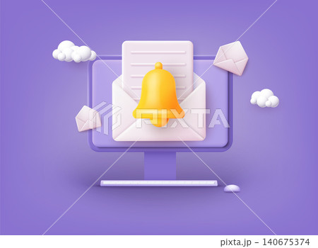 Computer with Notifications. Reminder design mockup. Email marketing, online advertising concept. 3D Web Vector Illustrations. Computer with Notifications. Reminder design mockup. Email marketing, online advertising concept. 3D Web Vector Illustrations. 140675374