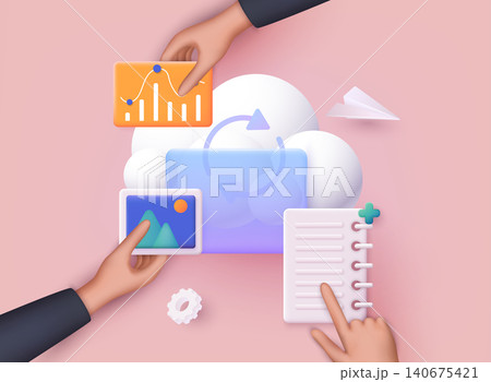 People sharing documents and files using cloud. Digital file organization service or app with data transfering. 3D Web Vector Illustrations. 140675421