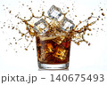 Studio photography of crystal clear ice cubes splashing into cold brew coffee. 140675493