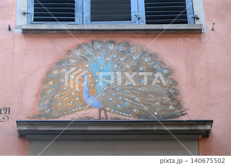 The old mural on the facade of the house shows the peacock in Zurich city center, Switzerland The old mural on the facade of the house shows the peacock in Zurich city center, Switzerland 140675502