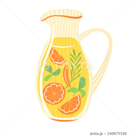 Orange lemonade pitcher vector illustration. Ribbed glass jug with citrus slices, mint and rosemary isolated on white background. Refreshing cold summer beverage clipart for poster, menu, cafe design Orange lemonade pitcher vector illustration. Ribbed glass jug with citrus slices, mint and rosemary isolated on white background. Refreshing cold summer beverage clipart for poster, menu, cafe design 140675598