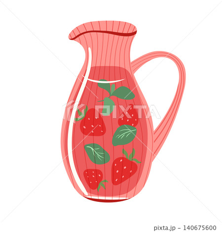 Strawberry lemonade pitcher vector illustration. Ribbed glass jug with strawberry berries and mint leaves isolated on white background. Refreshing cold summer beverage clipart for menu, cafe design 140675600