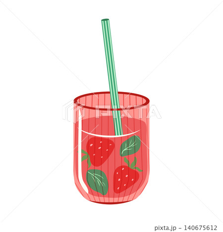 Strawberry drink vector illustration. Ribbed pink glass with red berry juice, strawberries, mint leaves and green striped straw isolated on white background. Summer beverage. Refreshing cocktail 140675612