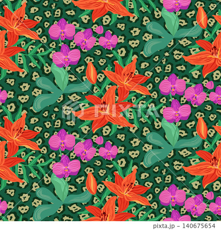 Tropical floral seamless pattern vector illustration. Vibrant orange lily, pink orchid flowers with leaves on emerald jaguar print background. Maximalist exotic print for textile, wallpaper, fashion 140675654